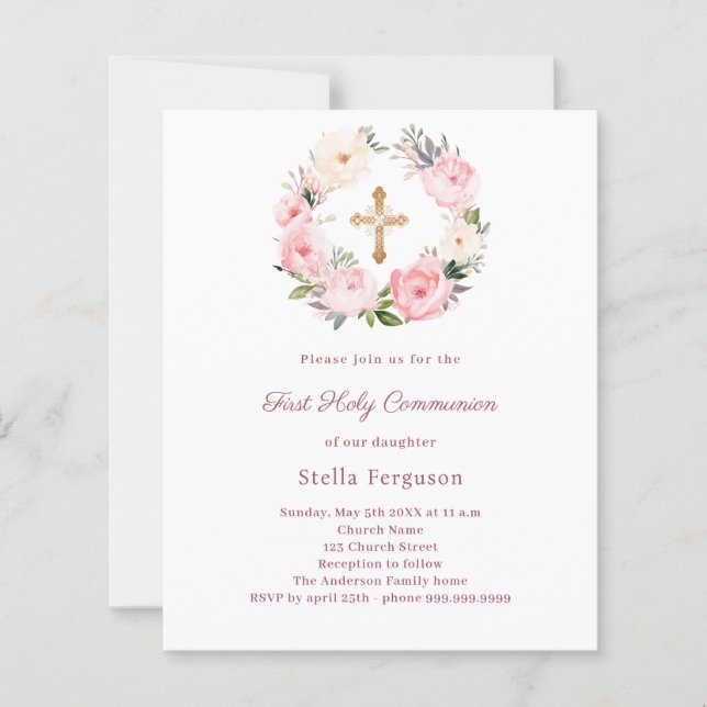 Blush pink floral cross First Communion invitation (Front)