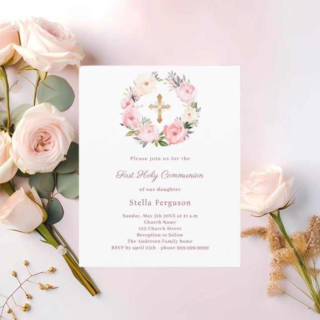 Blush pink floral cross First Communion invitation (Creator Uploaded)