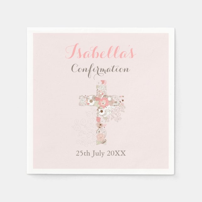 Blush pink floral cross name girl confirmation napkin (Front)
