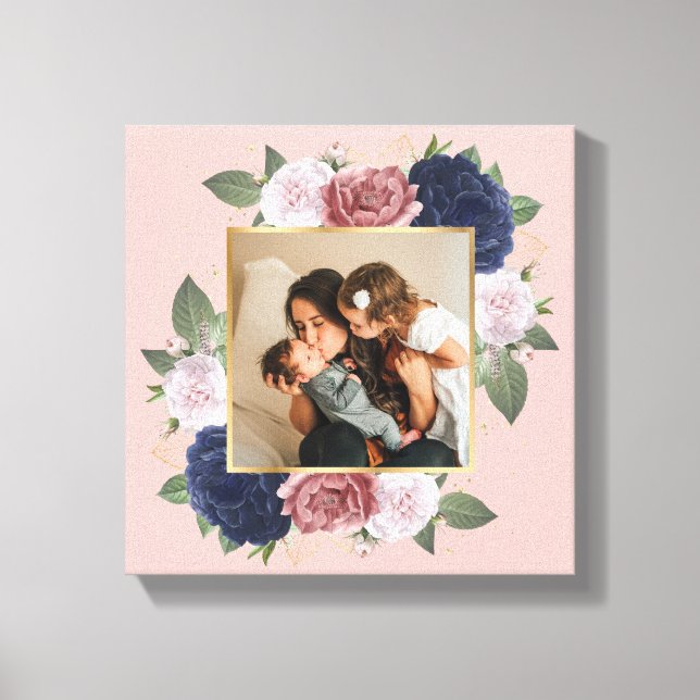 Blush Pink Floral Custom Family Photo On Canvas Print (Front)