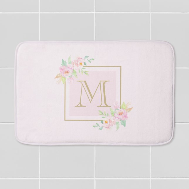 Blush Pink Floral Custom Initial Bath Mat (Creator Uploaded)