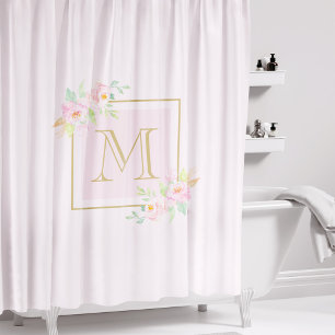 Blush Pink Floral Custom Initial Shower Curtain
