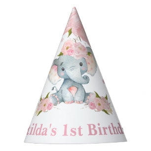 Blush Pink Floral Cute Baby Elephant 1st Birthday Party Hat