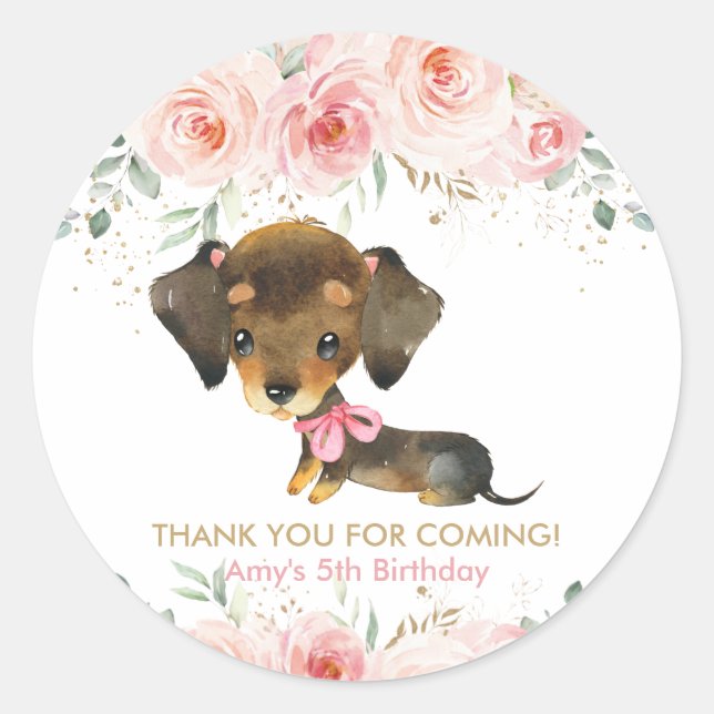 Blush Pink Floral Cute Dachshund Puppy Dog Favour Classic Round Sticker (Front)