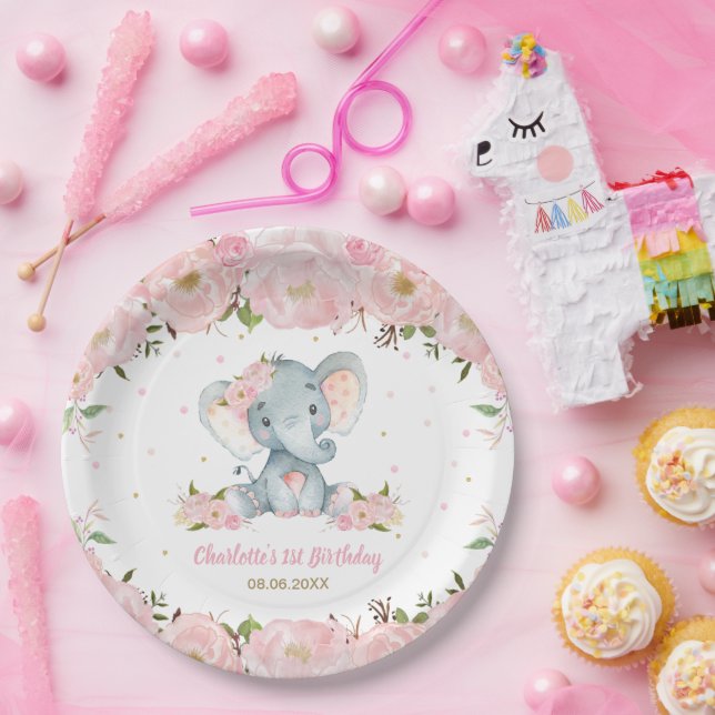 Blush Pink Floral Cute Elephant 1st Birthday Party Paper Plate (Party)