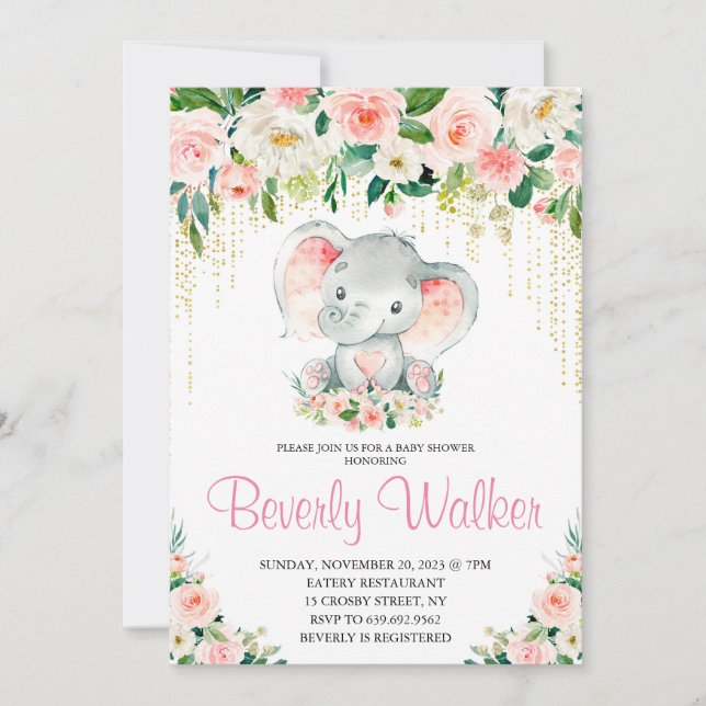 Blush Pink Floral Cute Elephant Baby Shower Invitation (Front)