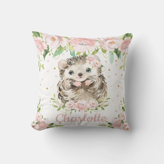 Blush Pink Floral Cute Hedgehog Girl Nursery Cushion (Front)