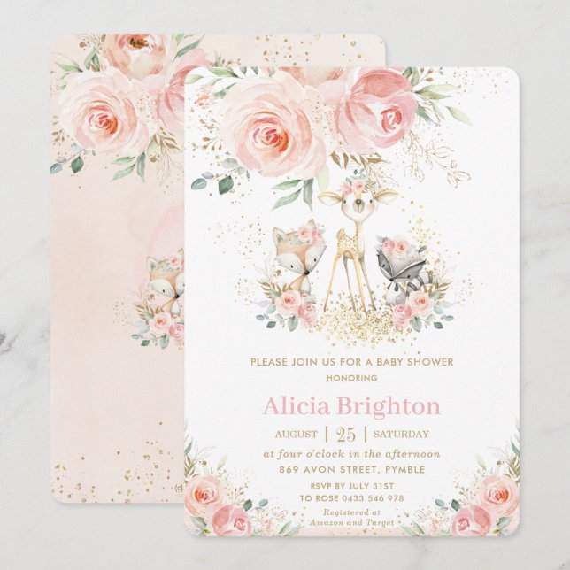 Blush Pink Floral Cute Woodland Girly Baby Shower Invitation (Front/Back)