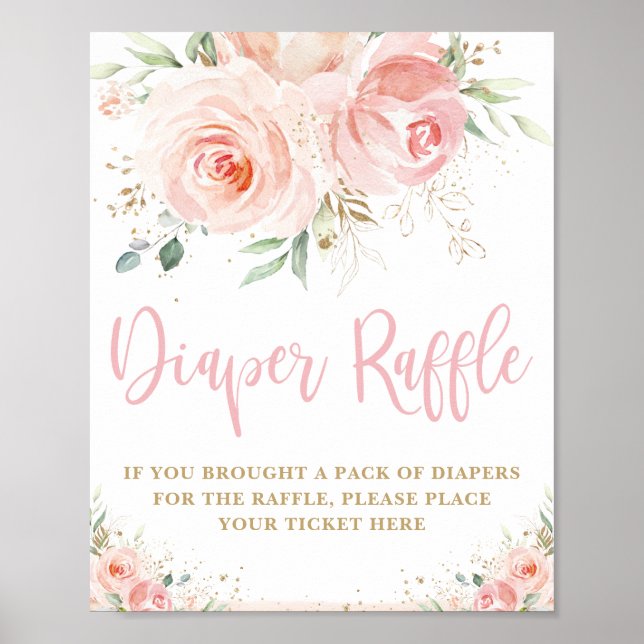 Blush Pink Floral Diaper Raffle Baby Shower Sign (Front)