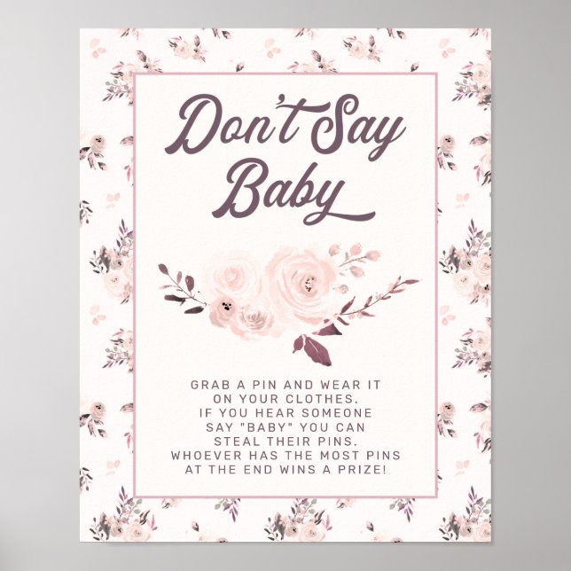 Blush Pink Floral Don't Say Baby Shower Game Sign (Front)