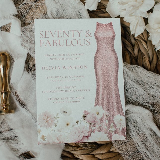 Blush Pink Floral & Dress 70th Birthday Party Invitation (Creator Uploaded)