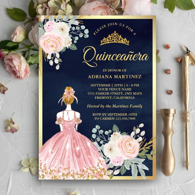 Blush Pink Floral Dress Navy Blue Gold Quinceanera Invitation (Creator Uploaded)
