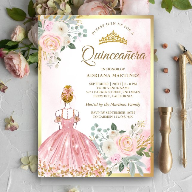Blush Pink Floral Dress Princess Gold Quinceanera Invitation (Creator Uploaded)