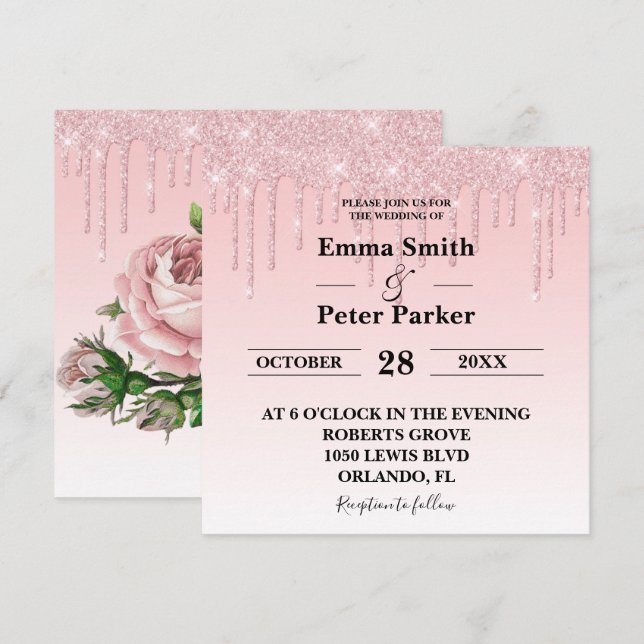 Blush Pink Floral Dripping Glitter Wedding Invitation (Front/Back)