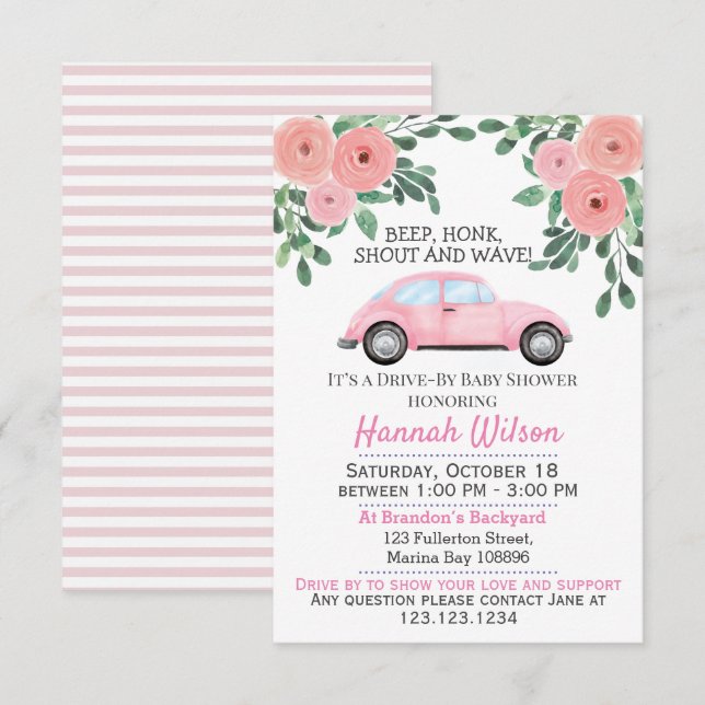 Blush Pink Floral Drive By Baby Shower Parade Invitation (Front/Back)