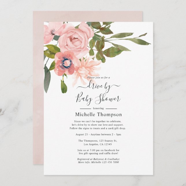 Blush Pink Floral Drive By Shower Invitation (Front/Back)