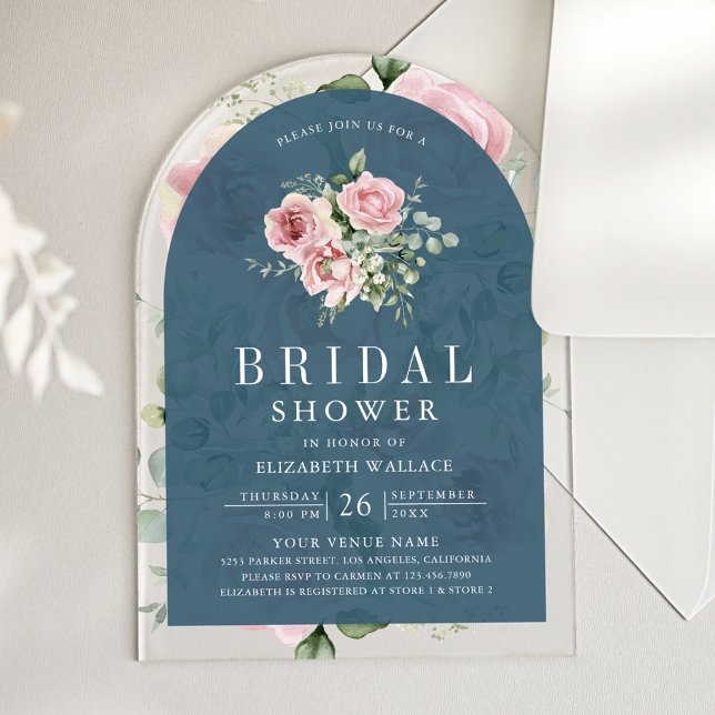 Blush Pink Floral Dusty Blue Bridal Shower Acrylic Invitations (Creator Uploaded)