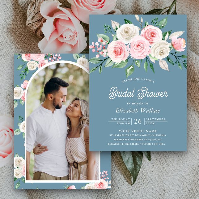Blush Pink Floral Dusty Blue Photo Bridal Shower Invitation (Creator Uploaded)