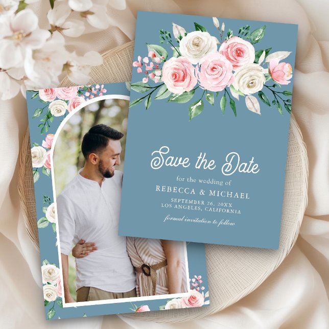 Blush Pink Floral Dusty Blue Photo Wedding Save The Date (Creator Uploaded)