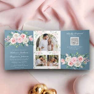 Blush Pink Floral Dusty Blue QR Code Wedding Tri-Fold Invitation