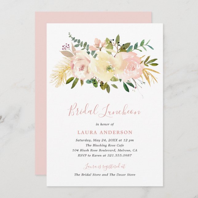Blush Pink Floral Elegant Bridal Shower Invitation (Front/Back)