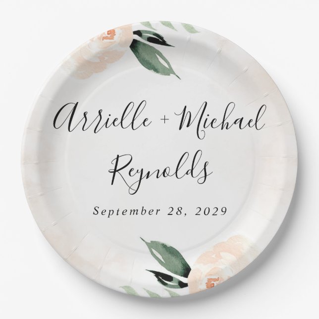 Blush Pink Floral Elegant Champagne Garden Wedding Paper Plate (Front)