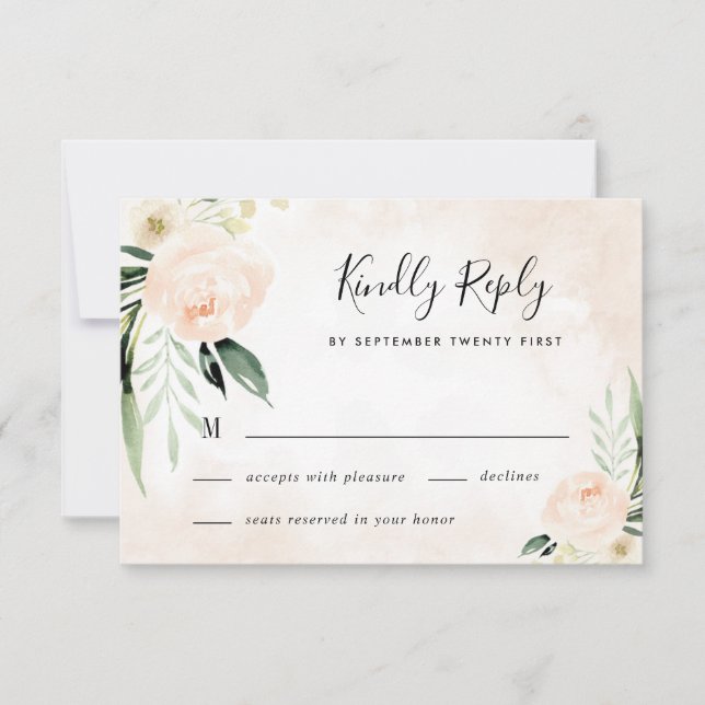 Blush Pink Floral Elegant Champagne Garden Wedding RSVP Card (Front)