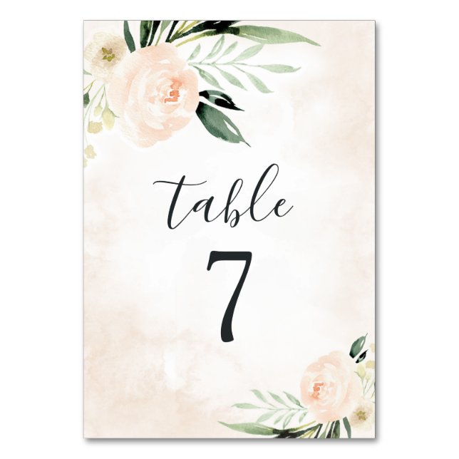 Blush Pink Floral Elegant Champagne Garden Wedding Table Number (Front)