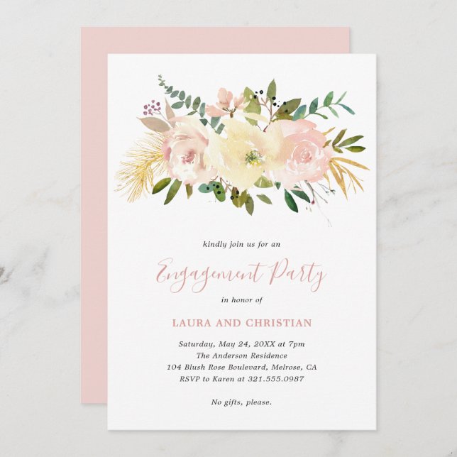 Blush Pink Floral Elegant Engagement Party Invitation (Front/Back)