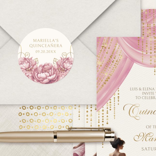 Blush Pink Floral Elegant Quinceanera Classic Round Sticker (Creator Uploaded)