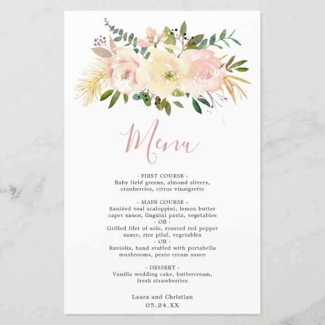 Blush Pink Floral Elegant Wedding Menu (Front)