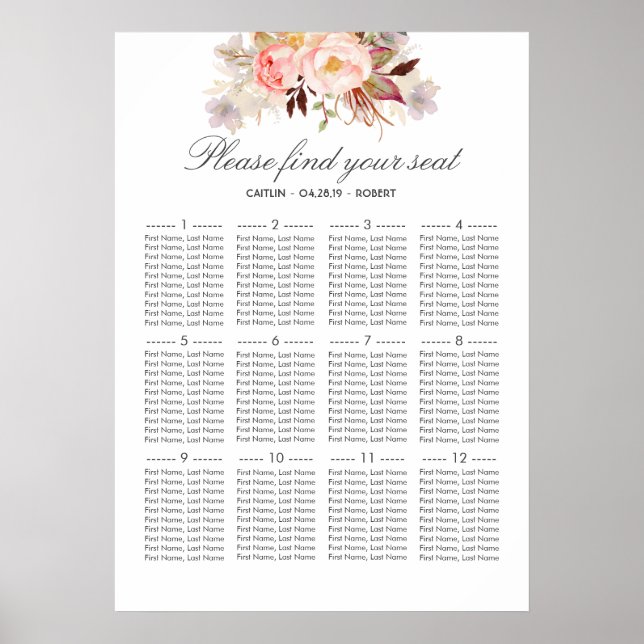 Blush Pink Floral Elegant Wedding Seating Chart (Front)