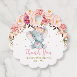 Blush Pink Floral Elephant Baby Shower Birthday Favour Tags