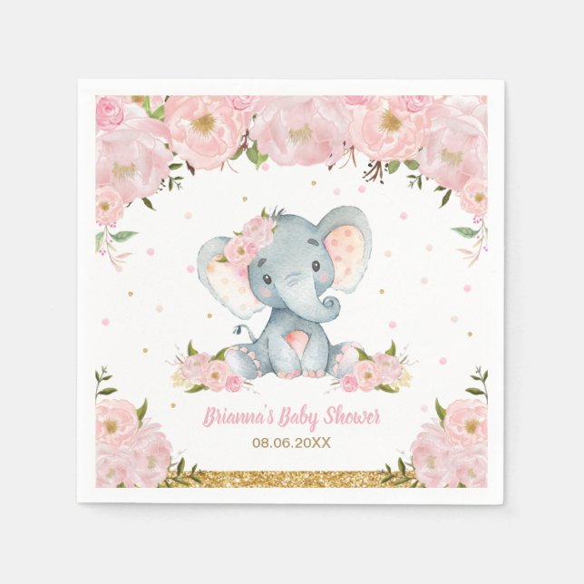 Blush Pink Floral Elephant Baby Shower Birthday  N Napkin (Front)