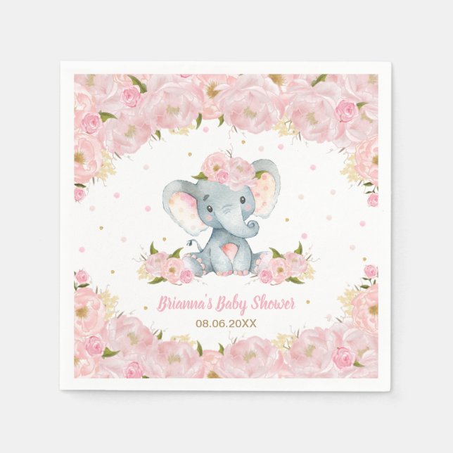 Blush Pink Floral Elephant Baby Shower Birthday  Napkin (Front)