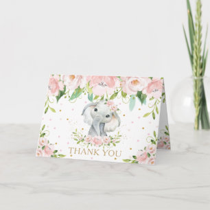 Blush Pink Floral Elephant Baby Shower Birthday Thank You Card