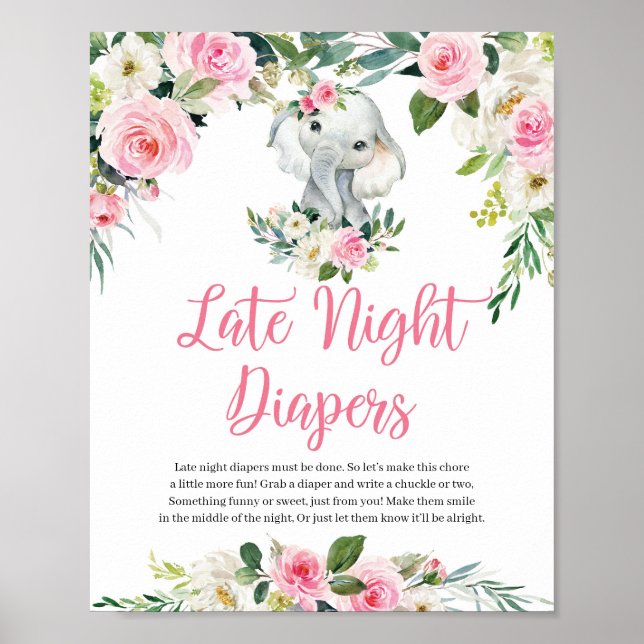 Blush pink floral elephant late night diapers sign (Front)