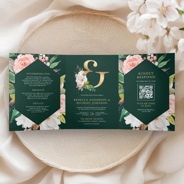 Blush Pink Floral Emerald Green QR Code Wedding Tri-Fold Invitation (Creator Uploaded)