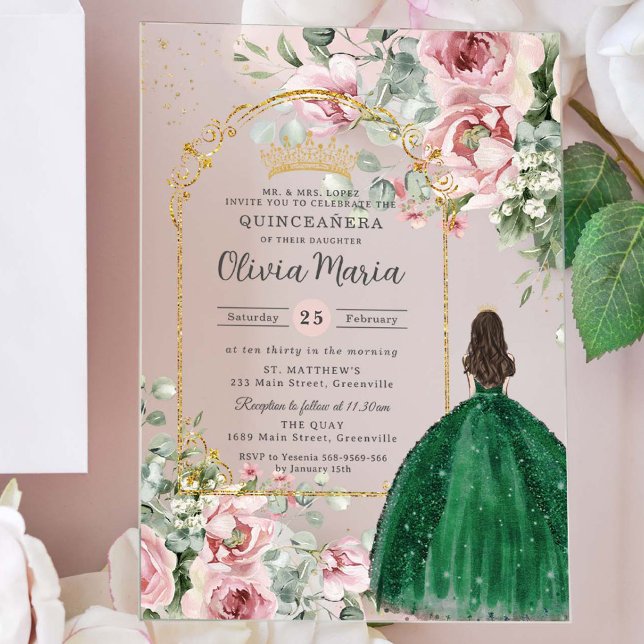 Blush Pink Floral Emerald Quinceañera Sweet 16 15 Acrylic Invitations (Creator Uploaded)