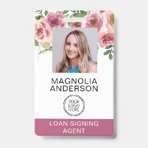 Blush Pink Floral Employee Photo Logo Barcode ID Badge