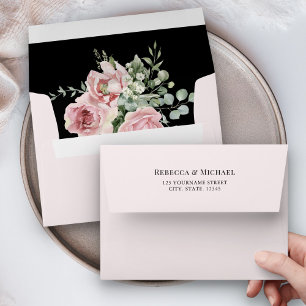 Blush Pink Floral Eucalyptus Black Wedding Envelope