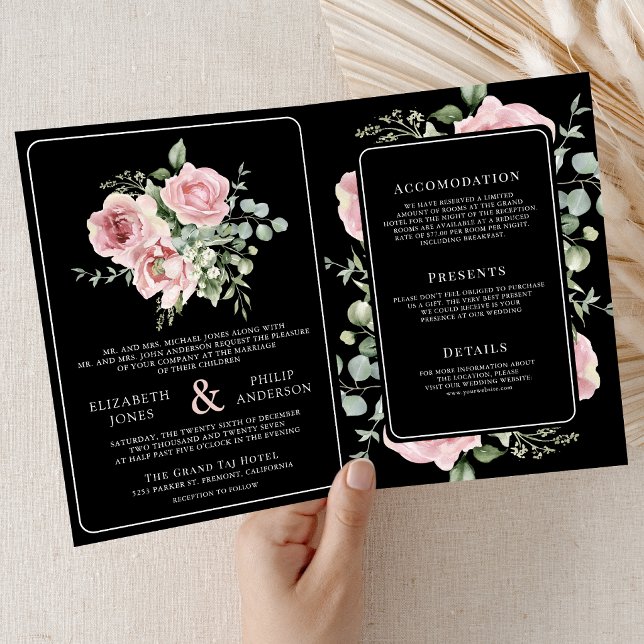 Blush Pink Floral Eucalyptus Black Wedding Invitation (Creator Uploaded)