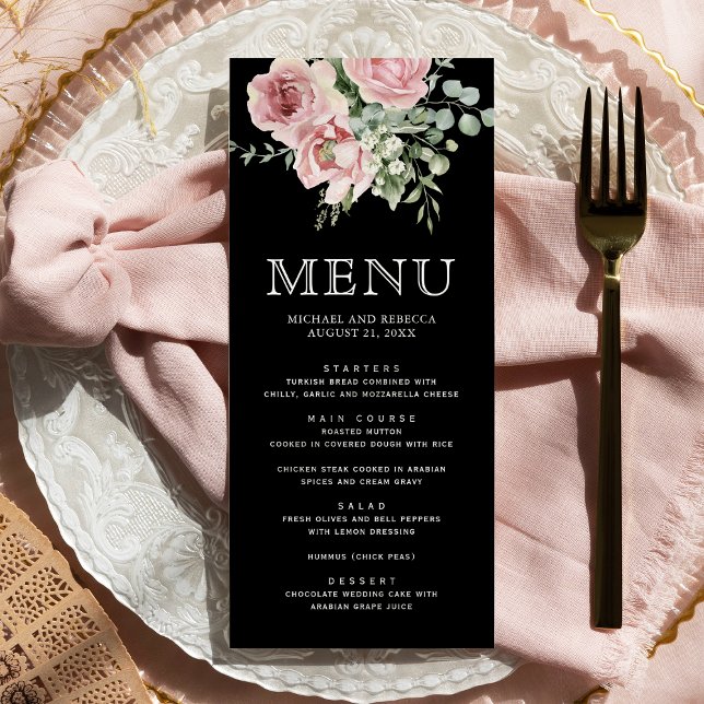Blush Pink Floral Eucalyptus Black Wedding Menu (Creator Uploaded)