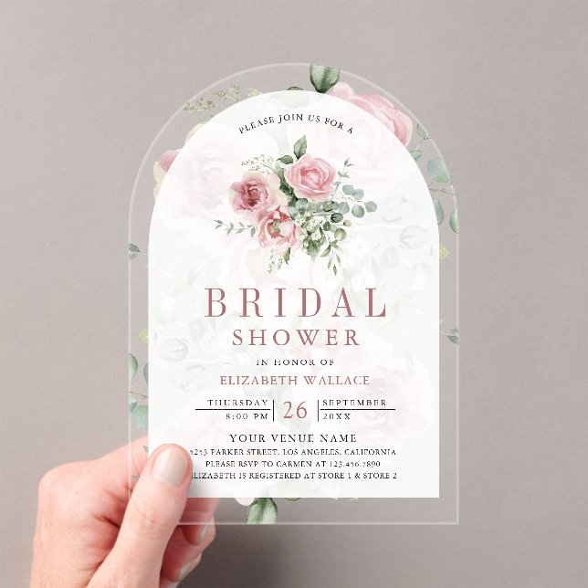 Blush Pink Floral Eucalyptus Bridal Shower Acrylic Invitations (Insitu (Handheld))