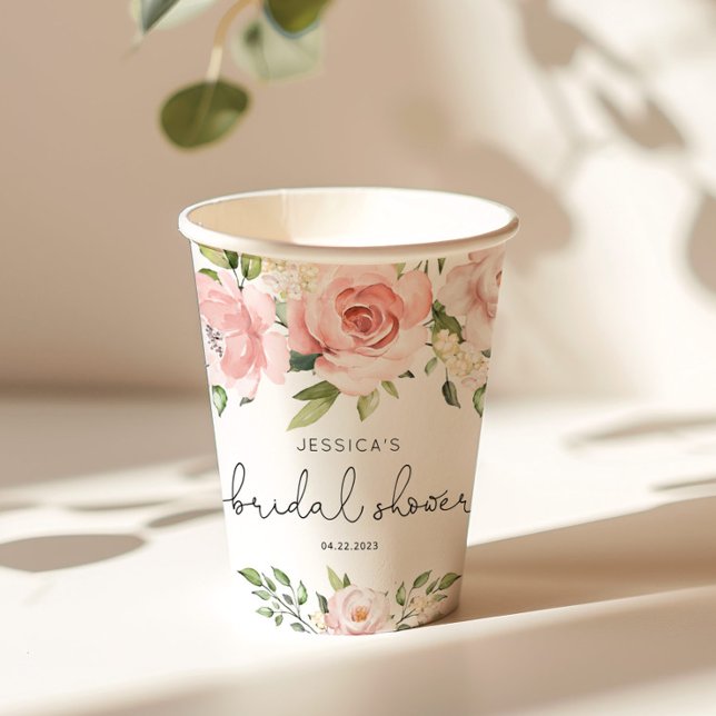 Blush pink floral eucalyptus bridal shower paper cups (Creator Uploaded)
