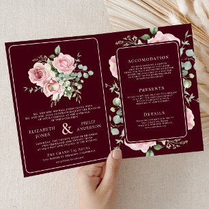 Blush Pink Floral Eucalyptus Burgundy Wedding Invitation