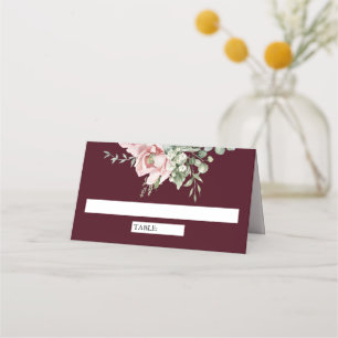 Blush Pink Floral Eucalyptus Burgundy Wedding Place Card