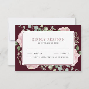 Blush Pink Floral Eucalyptus Burgundy Wedding RSVP Card