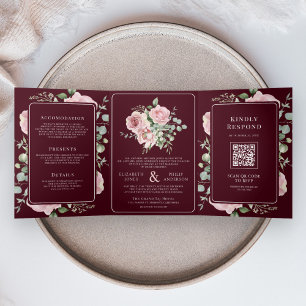 Blush Pink Floral Eucalyptus Burgundy Wedding Tri-Fold Invitation