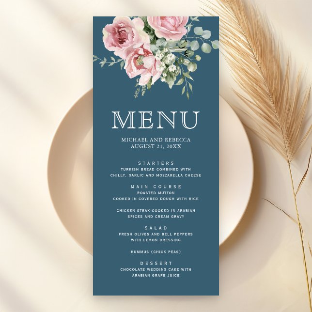 Blush Pink Floral Eucalyptus Dusty Blue Wedding Menu (Creator Uploaded)